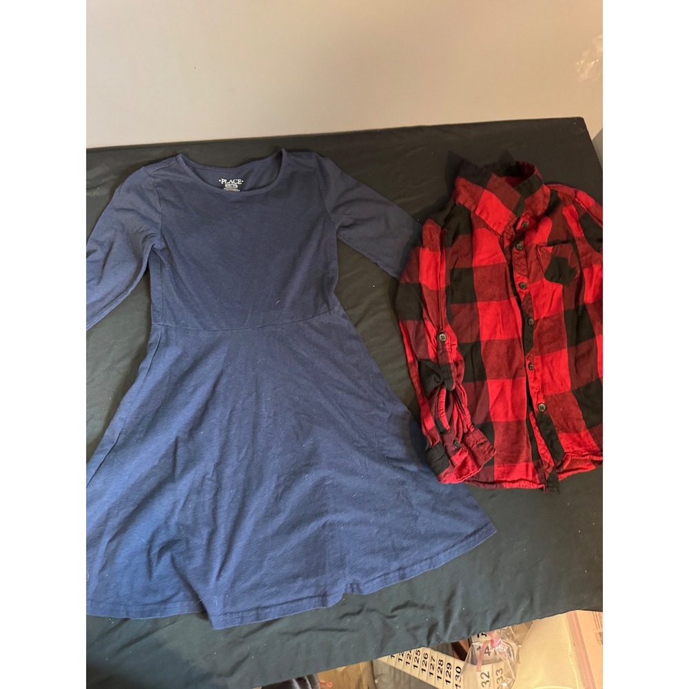 Girls Childrens Place Navy Skater Dress & Tommy Bahama Buffalo Plaid Shirt Lot 8